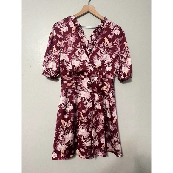 Three Floor purple print faux wrap satin mini dress size 8 NWT - Picture 1 of 7
